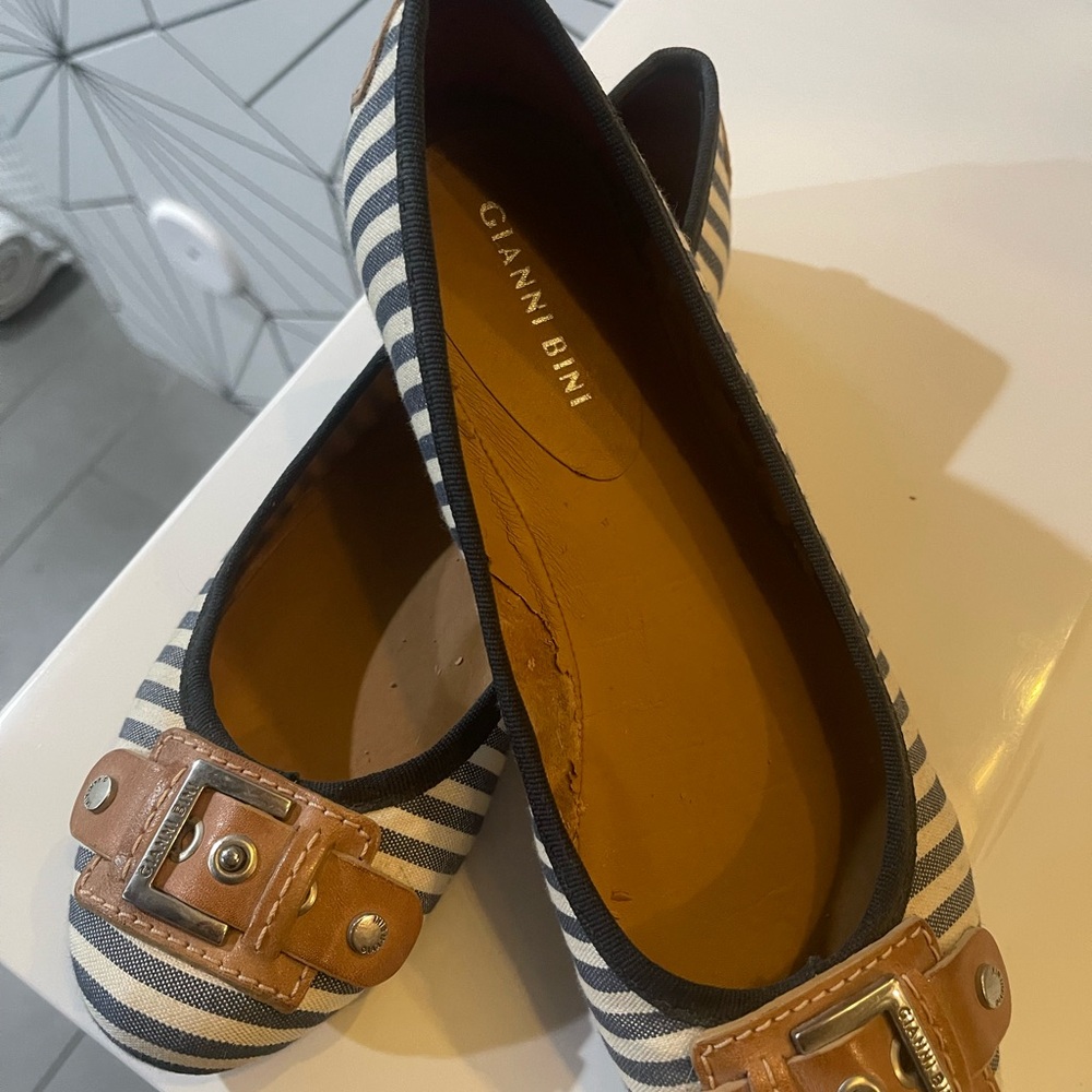 Gianni Bini Navy & White Striped Ballet Flats with Tan Buckle Trim